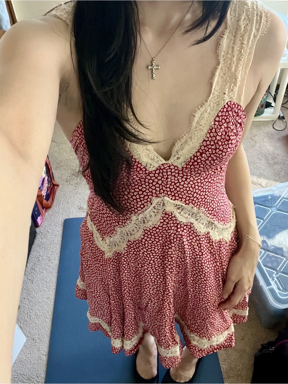 UO Red Lace Floral Mini Dress